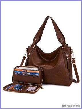 Synthetic Leather Hobo Tote Shoulder Bag Purse Wallet Set 2pc
